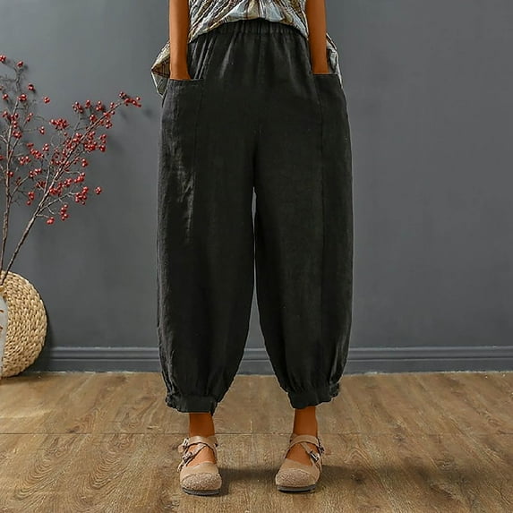 ALLLIST Pants for Ladies Cotton Linen Elastic Waist Harem Pants Black Solid Lounge Ladie Pants