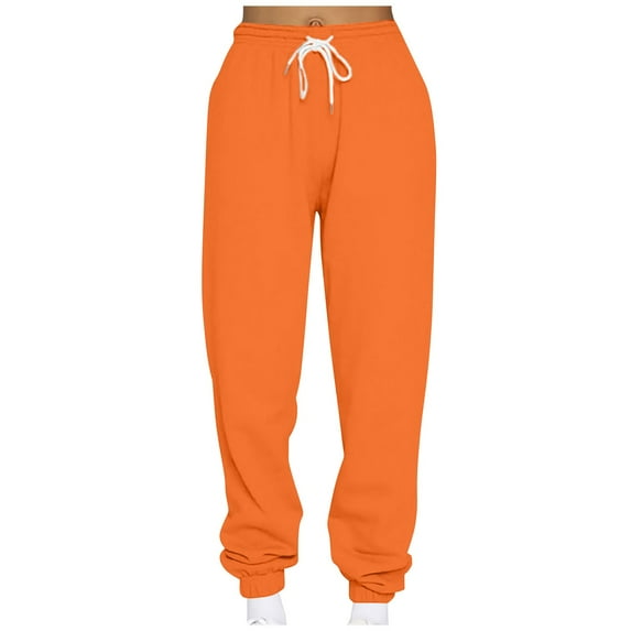 ALLLIST Pants for Ladies Elastic Waist Joggers Orange Plain Knit Teens Pants