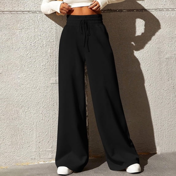 ALLLIST Pants for Ladies Wide Leg Loose Lounge Pants Solid Black Elastic Waist Knit Pants Teen's Pants