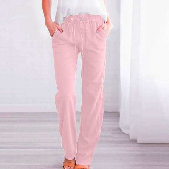 ALLLIST Pants for Women Elastic Waist Cotton Linen Knit Pants Solid Pink Lounge Pants Teen Pants