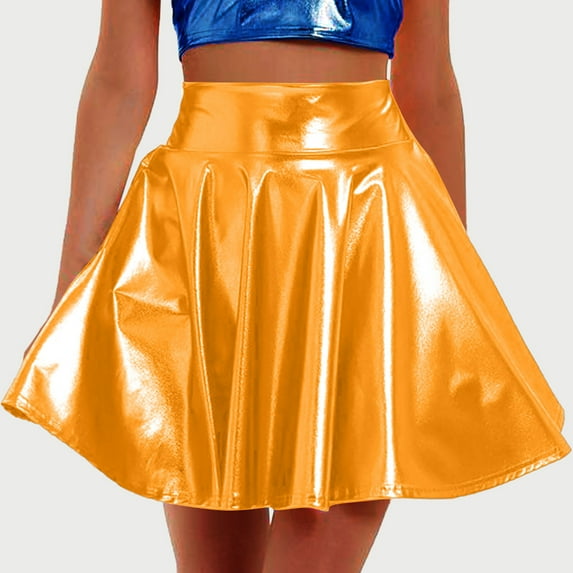 ALLLIST Party Women's Skirt Mini Skirt Yellow High Waist Pleated Glossy Plain A Frame Girl's Skirt