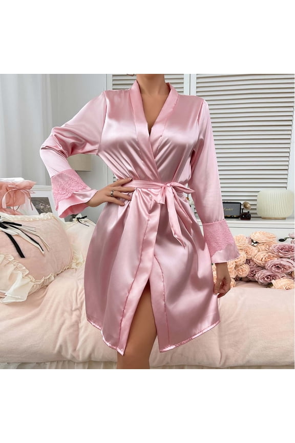 Pink Bathrobes for Ladies Lace Satin Bed Jackets Comfy Solid Sleepwear Ladie's Pajamas S-XL