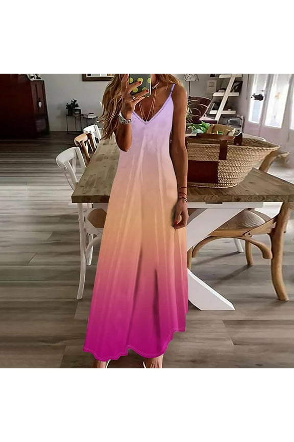 Pink Dresses for Ladies Spring V Neck Slip Dress Casual Gradient Sundress Teen Dresses
