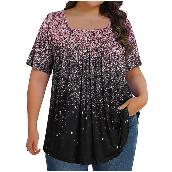 ALLLIST Pink Going Out Tops for Women Short Sleeve Floral Square Neckline Pleated Printed Oversized Blouses Blouses