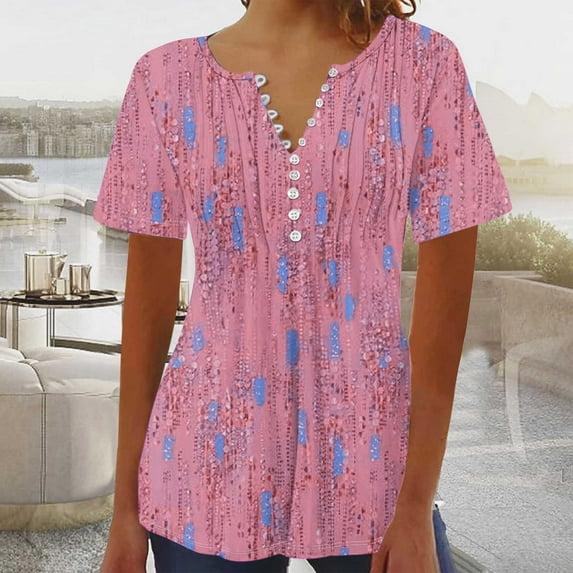 ALLLIST Pink Ladies Tops Graphic Button V-Neck Short Sleeve Embellished T-Shirts Womens Shirts M