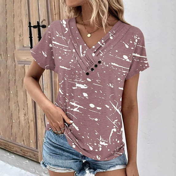 ALLLIST Pink Trendy Tops for Women 2024 V-Neck Short Sleeve Graphic Button T-Shirts Womens Shirts Plus Size XXXL