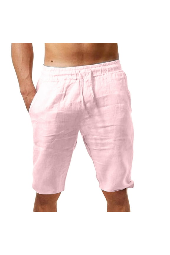 Pink Walk Short for Man Short Straight-Leg Mid Solid Elastic Pull On Cotton and Linen with Pockets Drawstring Lightweight