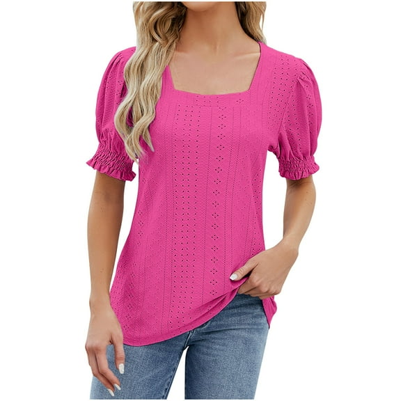ALLLIST Pink Women Tops Solid Short Sleeve Square Neckline Hollow T-Shirts Women Blouses L