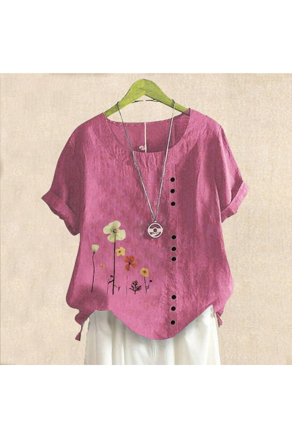 Pink Womens Summer Tops Short Sleeve Scoop Neck Floral Casual T-Shirts Button Blouses & Button-Down Shirts