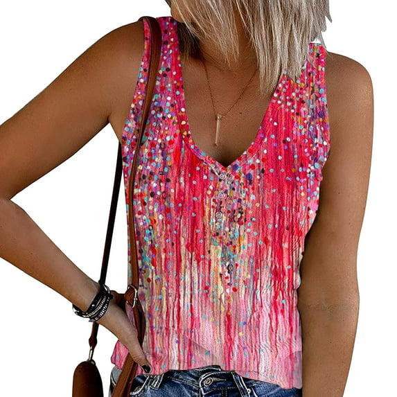 ALLLIST Pink Womens Tops Summer Button Embellished Sleeveless Graphic V-Neck Tank Tops Tank XXXL