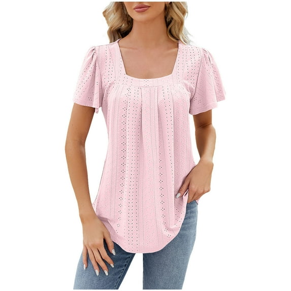ALLLIST Pink Workout Tops for Women Short Sleeve Square Neckline Blouses Pleated Solid Flounce Pleated Women's Blouse