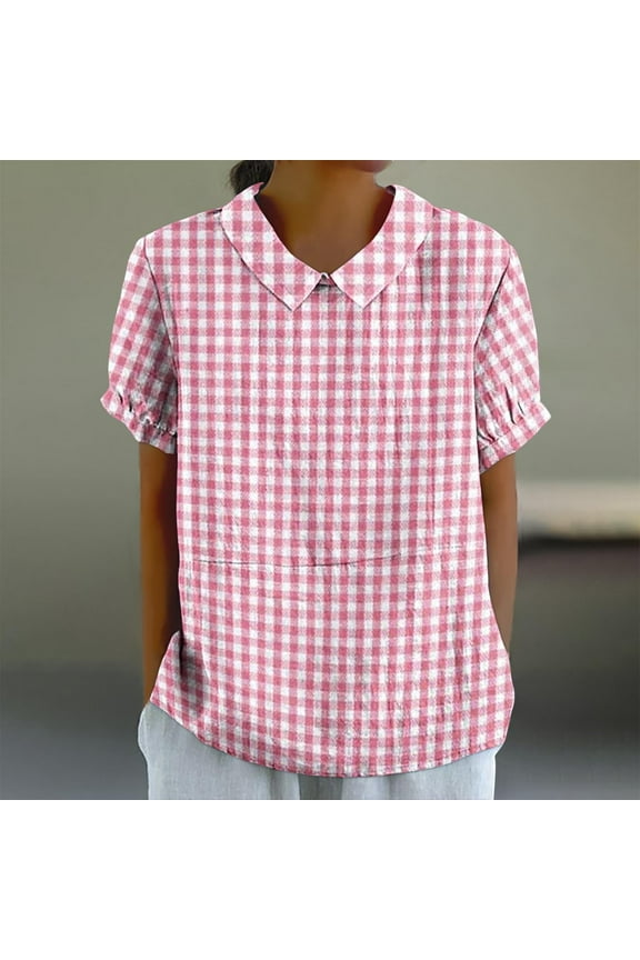 Plaid Women Tops Collared Pink Short Sleeve Printed Loose Cotton and Linen Blouses Blouses