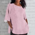 thumbnail image 1 of ALLLIST Plaid Womens Tops Plus Size Pink 3/4 Sleeve Crew Neck Cotton and Linen T-Shirts Casual Loose Blouse for Women, 1 of 4