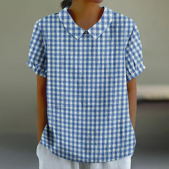 ALLLIST Plaid Womens Tops Summer Blue Short Sleeve Collared Printed Cotton and Linen Loose Blouses Blouse for Women