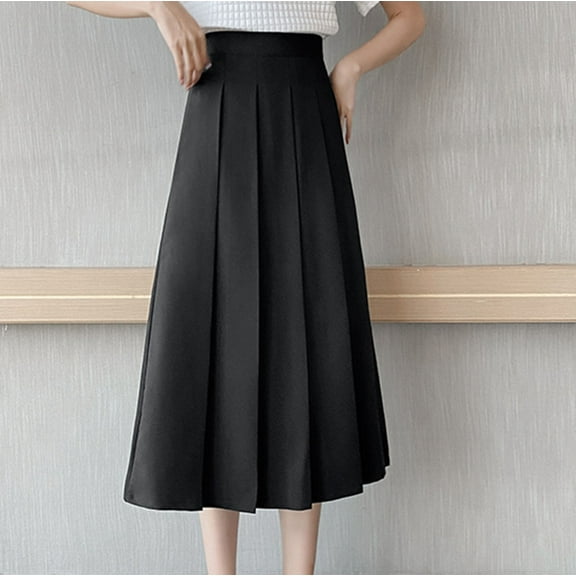 ALLLIST Pleated Skirt for Women Black Midi Skirt Preppy Style Plain A-Line Skirt Ladie