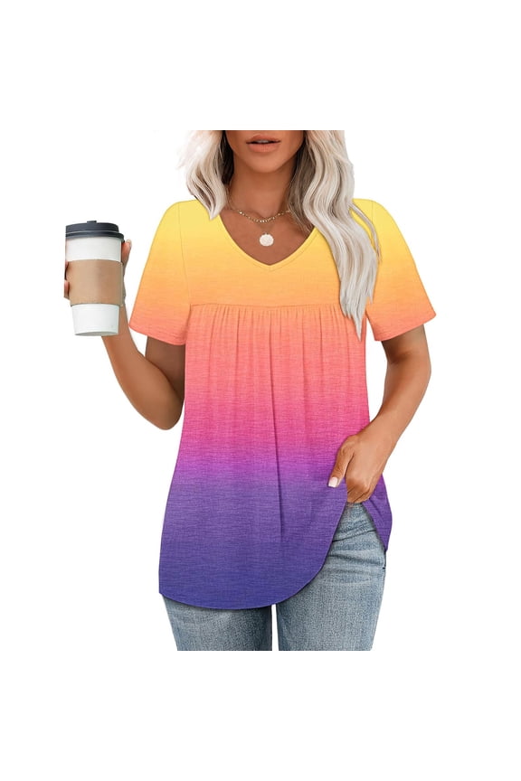 Pleated Tops for Women V Neck Short Sleeve Blouse Yellow New Gradient Pullover Tops for Ladies