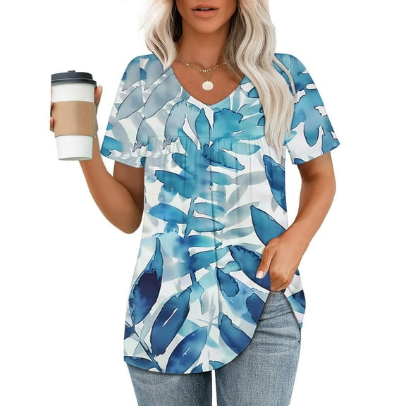 ALLLIST Pleated Women's Tops Short Sleeve V Neck Blouse Fashion Blue Floral Tunic Tops for Ladies