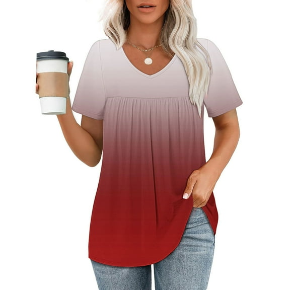ALLLIST Pleated Women's Tops Short Sleeve V Neck Blouse Gradient Pink Summer Pullover Tops for Ladies