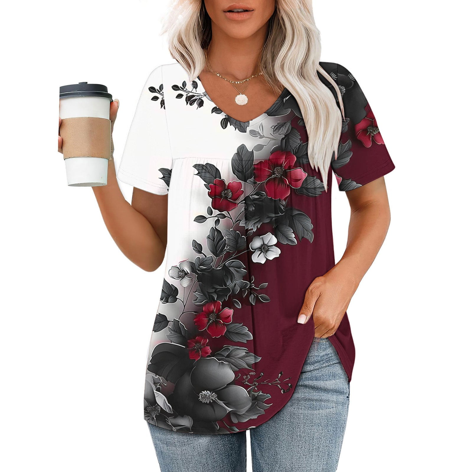 ALLLIST Pleated Womens Tops Short Sleeve V Neck Blouse Pink Trendy ...