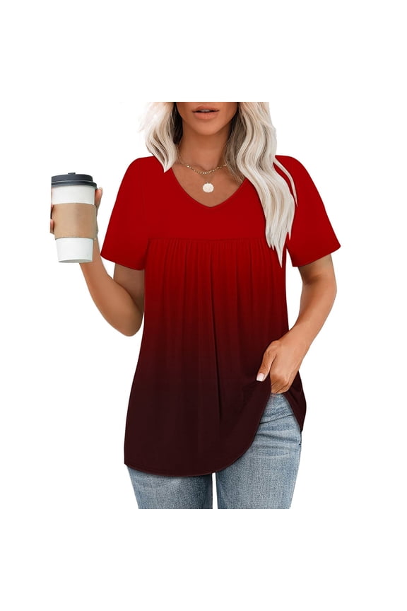 Pleated Womens Tops V Neck Short Sleeve Blouse Pink Drop Shoulder Gradient Pullover Tops for Ladies
