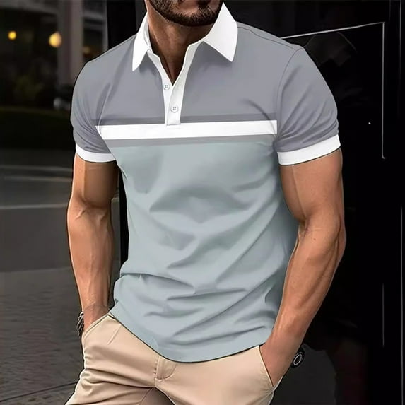 ALLLIST Plus Size Summer Tops Short Sleeve Gray Collared Striped Casual Polo Button T-Shirts Mens Dress Shirts