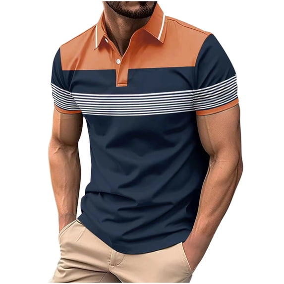 ALLLIST Plus Size Summer Tops Short Sleeve Orange Collared Striped Polo T-Shirts Button Casual Mens Dress Shirts