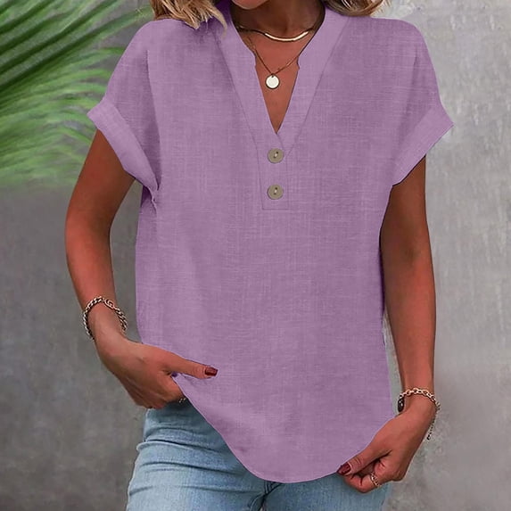 ALLLIST Plus Size Tops for Women Short Sleeve Henley T-Shirts Solid Cotton Linen Trendy Purple Shirts Tops for Ladies