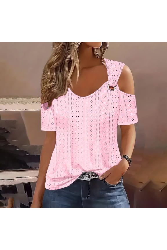 Plus Size Tops for Women V-Neck Short Sleeve Blouses Trendy Solid Cold Shoulder Pink Shirts for Women