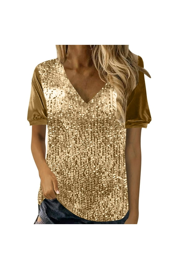 Plus Size Womens Tops Sequin Elbow-Length V Neck Blouse Solid Going Out Gold Pullover for Women