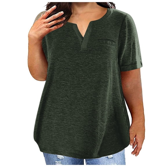 ALLLIST Plus Size Womens Tops Short Sleeve Notch Neck T-Shirts Green Solid Fashion Shirts Ladies Tops