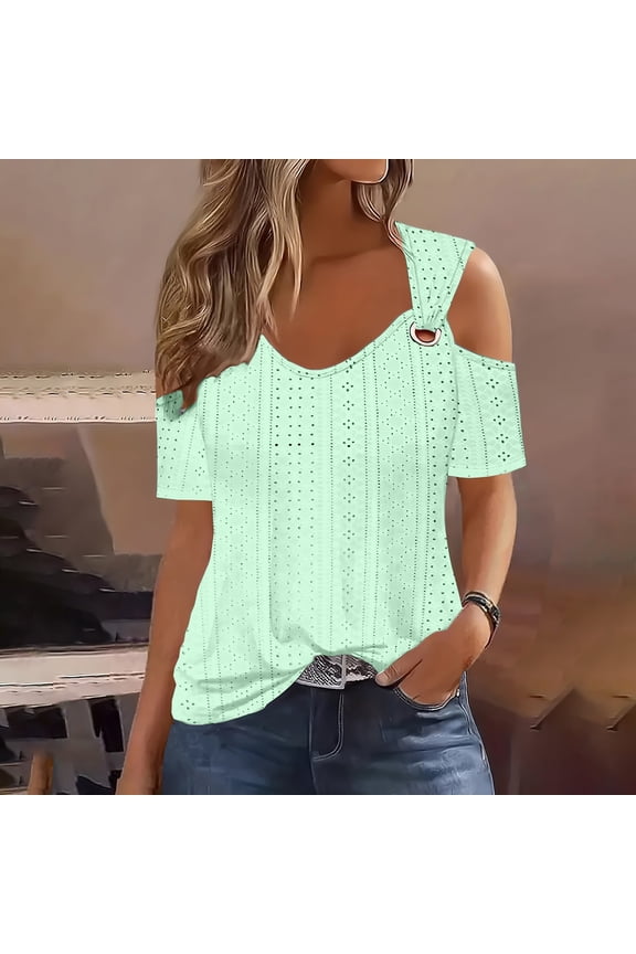 Plus Size Womens Tops Short Sleeve V-Neck Blouses Solid Cold Shoulder Green Trendy Shirts Tops for Ladies