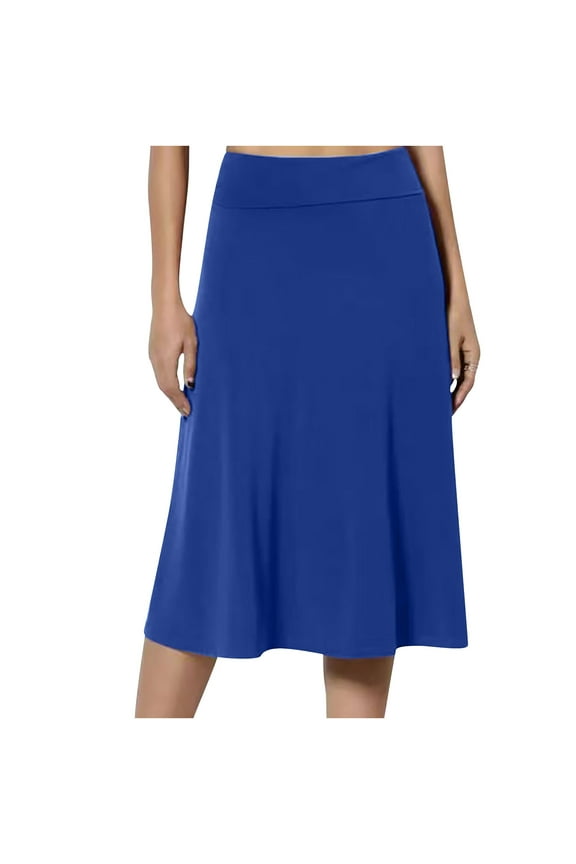 Pullover Women Skirt Midi Skirt Plain High Waist Summer Blue A-Line Ladies Skirts