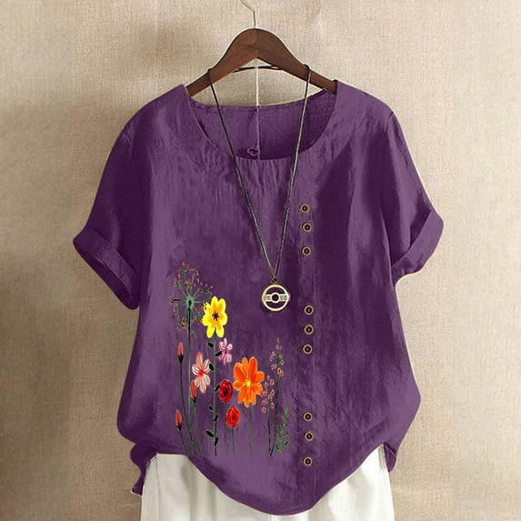 ALLLIST Purple Going Out Tops for Women Short Sleeve Floral Crew Neck Cotton and Linen T-Shirts Tees for Women