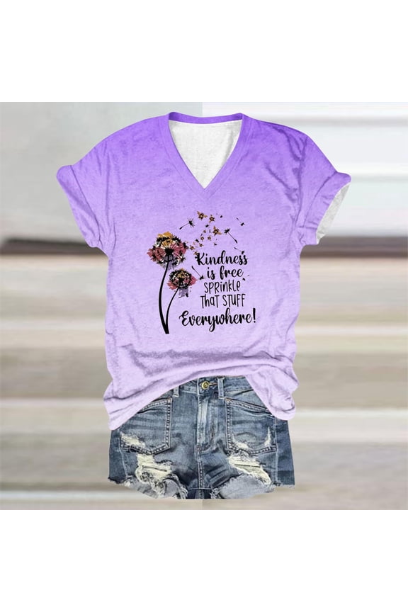 Purple Spring Tops for Women 2024 Trendy V-Neck Short Sleeve Graphic T-Shirts Blouses