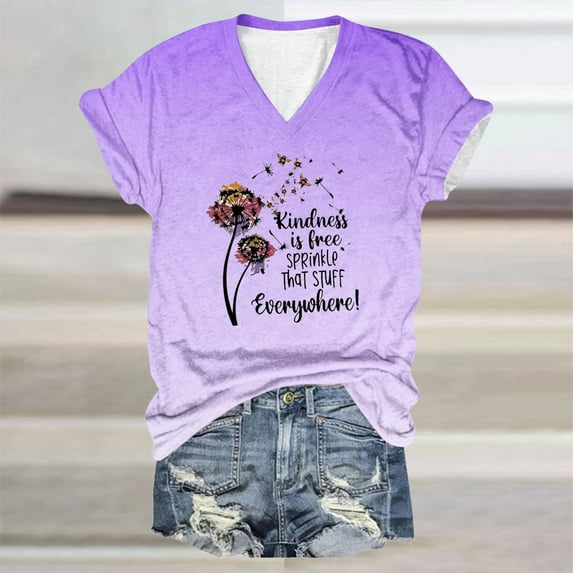 ALLLIST Purple Summer Tops for Women Short Sleeve V-Neck Graphic T-Shirts Blouses for Women Dressy Casual