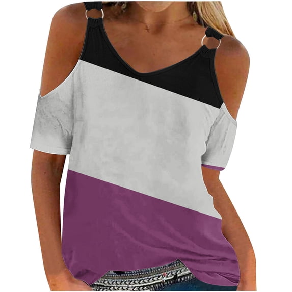 ALLLIST Purple Womens Summer Tops Short Sleeve V-Neck Hollow Geometric T-Shirts Blouses & Button-Down Shirts L