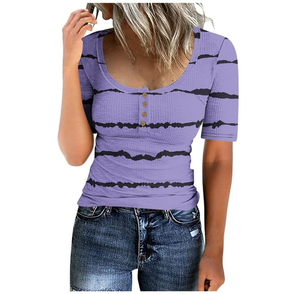 ALLLIST Purple Womens Tops Scoop Neck Short Sleeve Striped Button T-Shirts Casual T Shirts for Women