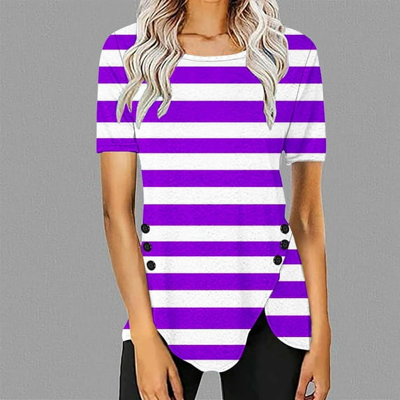 ALLLIST Purple Womens Tops Short Sleeve Striped Crew Neck Printed T-Shirts Loose Button Spring Blouses for Women 2024