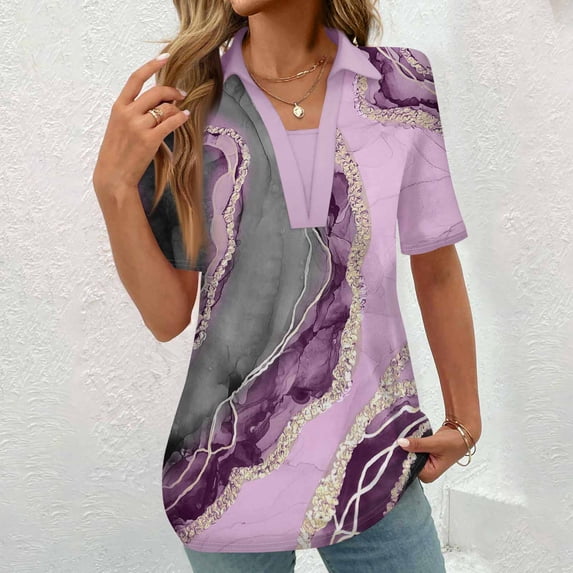 ALLLIST Purple Womens Tops Clearance Short Sleeve V-Neck Graphic Printed T-Shirts Casual Tees for Women