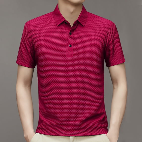 ALLLIST Red Dressy Tops for Men Collared Short Sleeve Solid T-Shirts Breathable Button Cooling Pullover Classic Tee for Men