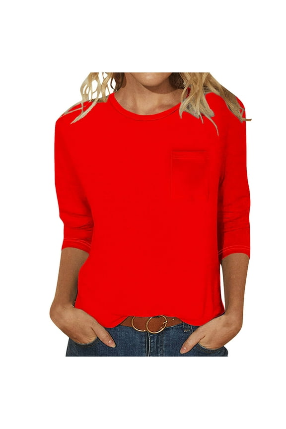 Red Dressy Tops for Women Crew Neck Long Sleeve Solid T-Shirts Womens Tees