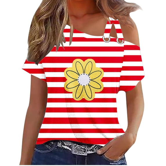 ALLLIST Red Spring Tops for Women Short Sleeve Boat Neck Floral Off Shoulder Basic Casual T-Shirts Womens Blouses Dressy Casual