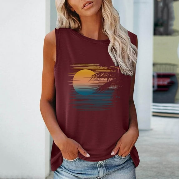 ALLLIST Red Summer Tops Sleeveless Crew Neck Graphic Printed Tank Tops Womens Tank Tops XXL