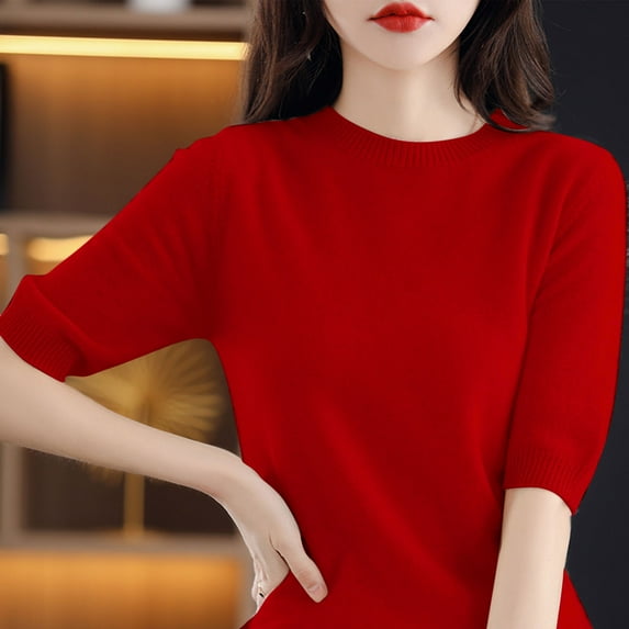ALLLIST Red Women's Tops Elbow-Length Solid Crew Neck T-Shirts Blouses & Button-Down Shirts