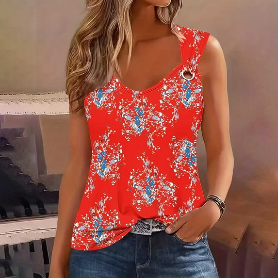 ALLLIST Red Womens Tops Graphic Sleeveless V-Neck Tank Tops Women Tank Tops XL