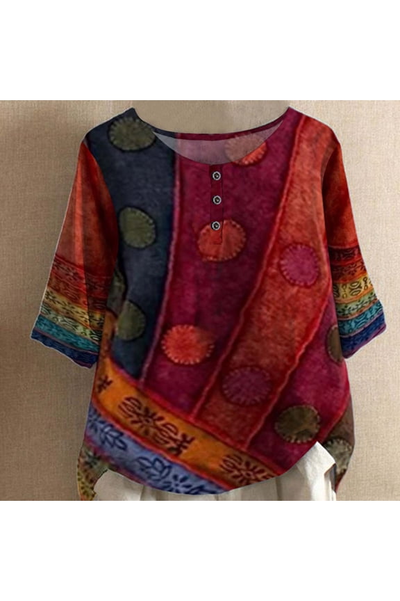 Red Womens Tops Plus Size Scoop Neck Elbow-Length Graphic T-Shirts Casual Button Tees