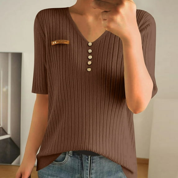 ALLLIST Ribbed Womens Tops Elbow-Length Henley T-Shirts Brown Plain Casual Shirts for Women