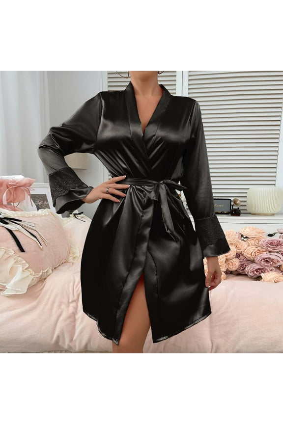 Satin Ladie's Bathrobes Black Lace Bed Jackets Cozy Solid Sleepwear Pajamas for Women S-XL