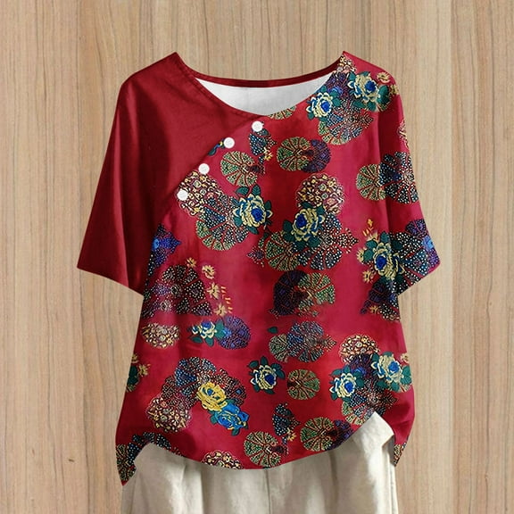 ALLLIST Scoop Neck Womens Summer Tops Short Sleeve Red Floral Button T-Shirts Casual Spring Blouse
