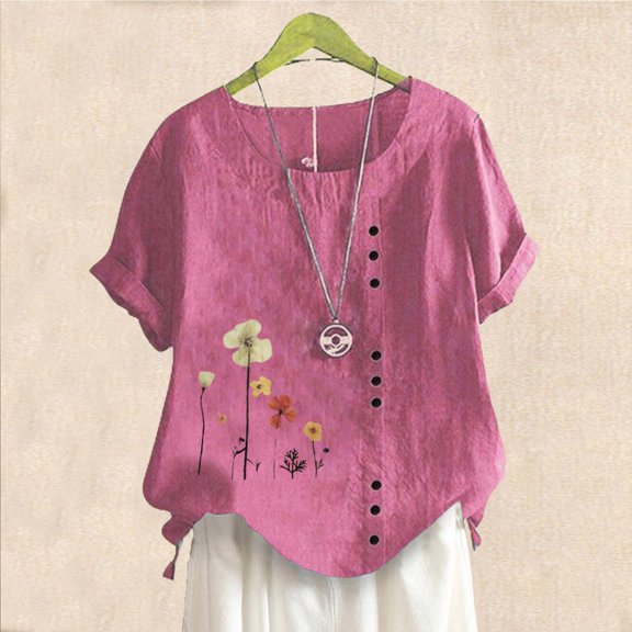 ALLLIST Scoop Neck Womens Tops Clearance Short Sleeve Pink Floral T-Shirts Button Casual Women's Blouse